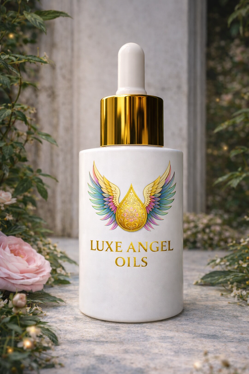 Luxe Angel Oils dropper bottle with decorative wings on a natural background