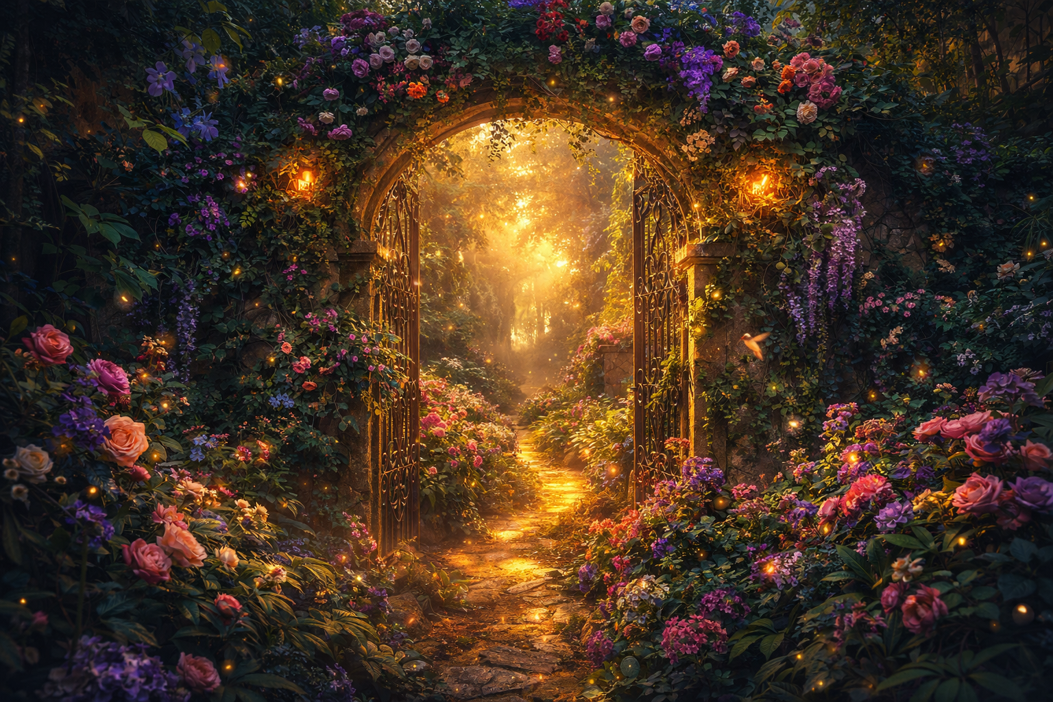 Fantasy garden with a glowing archway surrounded by flowers