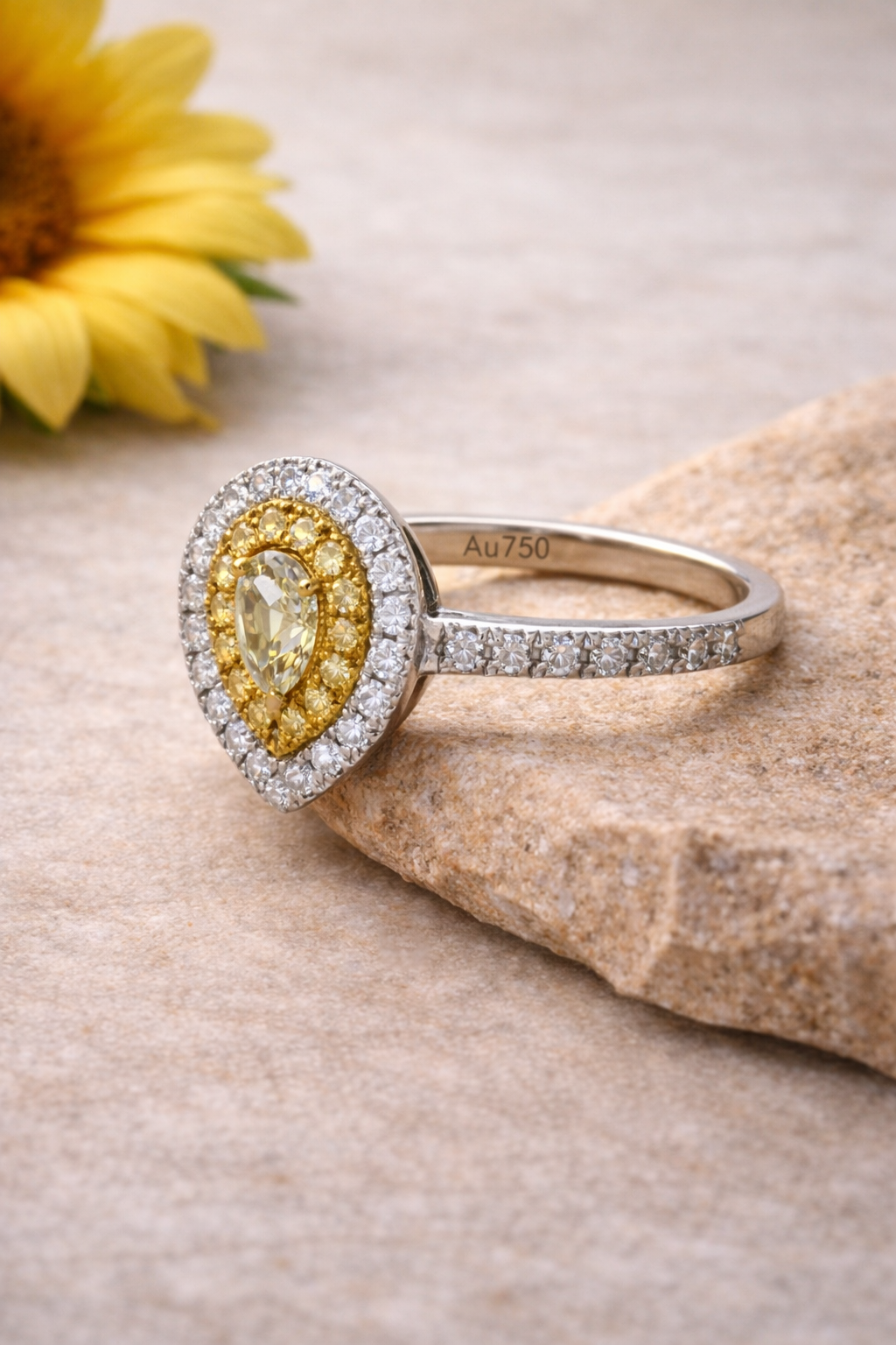 18k Yellow Diamond Pear Halo Ring - White Gold